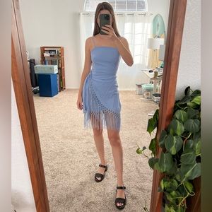 Lulus Keep it Tropical Periwinkle Blue Faux Wrap Fringe Mini Dress